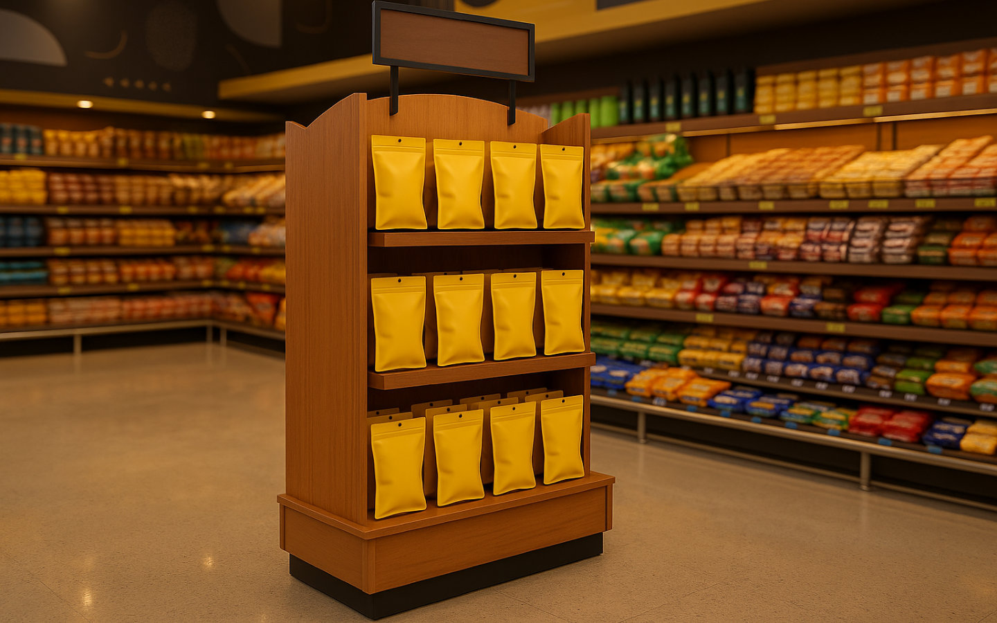 Display móvel com produtos amarelos para promoção